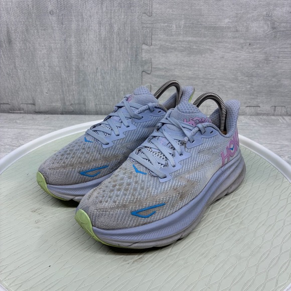 Hoka One One Shoes - Hoka Clifton 9 Running Shoes Women's 6.5 Grey Pink Blue Low Top Sneakers 1127896